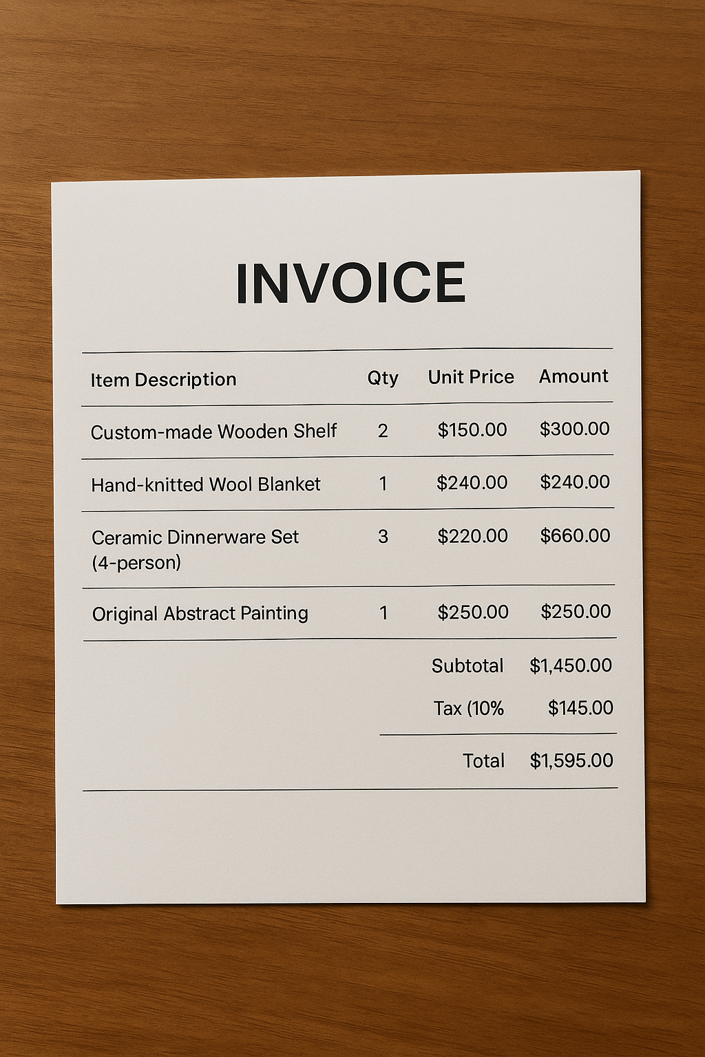 Sample invoice document before AI data extraction processing